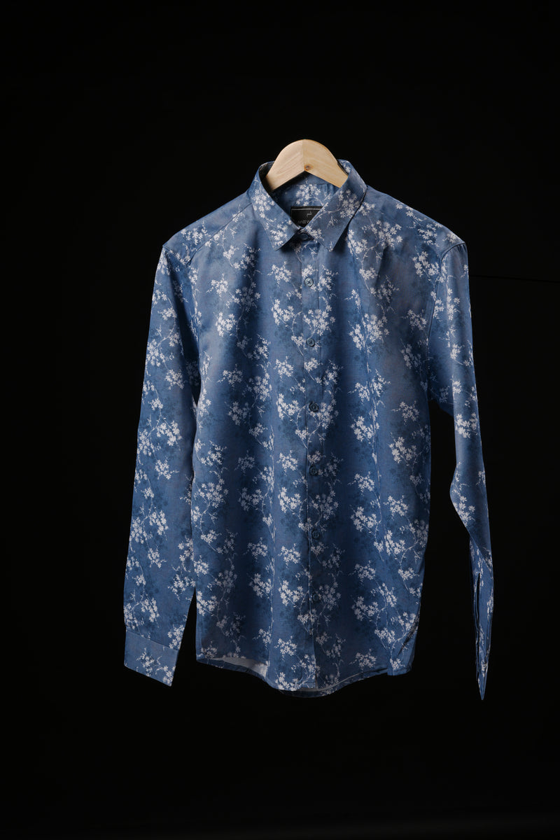 BLUE SATIN PRINTED SHIRT